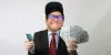 my head superimposed on old man's body, holding credit card and fanned cash with closed eyes and smile.